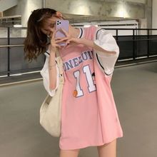 假两件篮球服t恤女2022新款球衣短袖学生韩版宽松中长款半袖ins潮