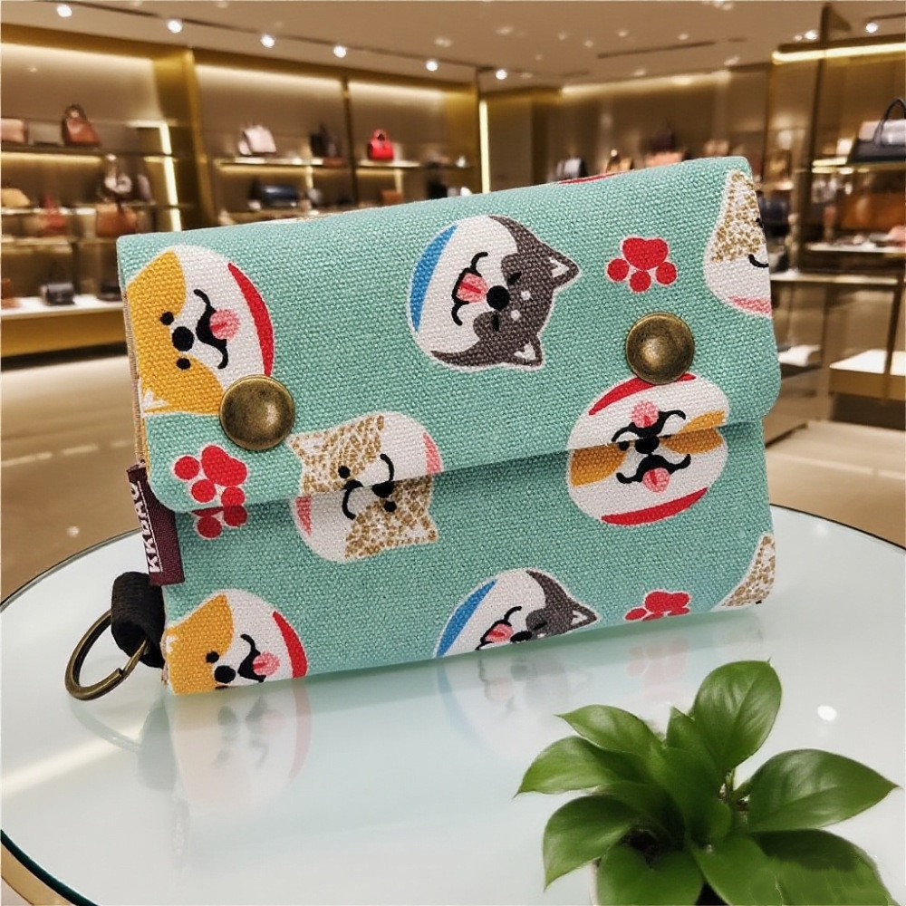 Cartera de lona de mezclilla triple con estampado de dibujos animados creativo, simple para hombres y mujeres, estuche para tarjetas de lona, estuche para llaves