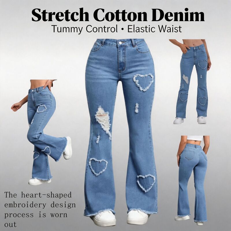 Vintage Y2K High-Waisted Denim Flared Pants for Women with Distressed Heart-Shaped Cutouts and Ripped Design, Wide-Leg Pants, European and American Style Vintage Y2K High-Waisted Denim Flared Pants for Women with Distressed Heart-Shaped Cutouts and Ripped Design, Wide-Leg Pants, European and American Style