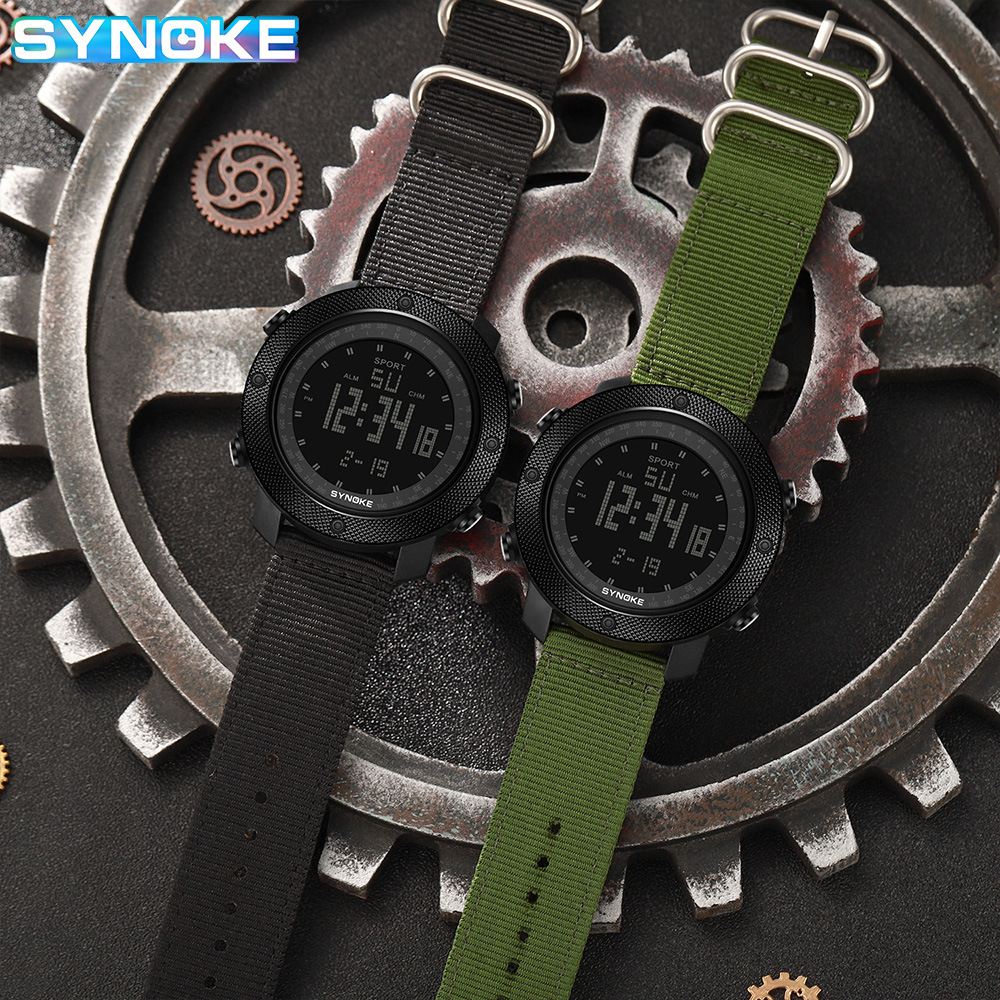 SYNOKE hombres deportes reloj electrónico correa de nylon multifuncional impermeable luminoso pantalla grande al aire libre montañismo moda Deportes