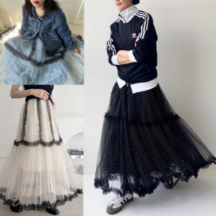 乘法   新款圓點裝飾大擺蕾絲半身長裙 蓬蓬大擺長裙子