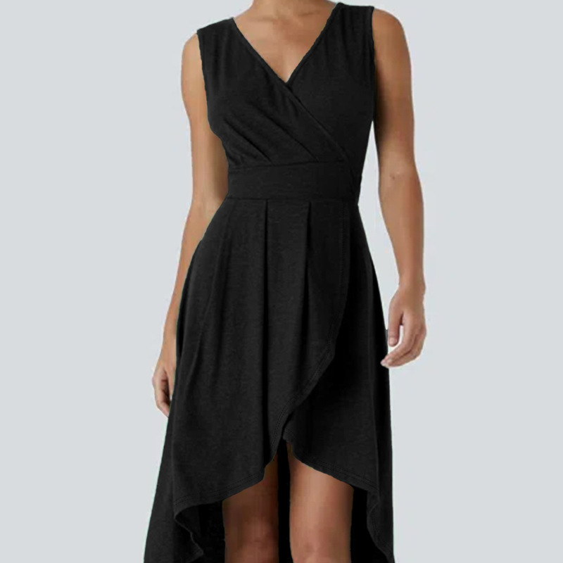 Cross-border Solid Color Deep V-neck Sleeveless Pleated High and Low Staggered Hem Elegant Mid-length Casual dress