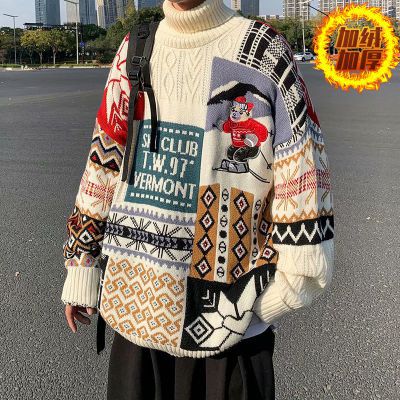 Navidad Hong Kong estilo retro oso suéter cuello redondo de los Hombres estilo perezoso suelta Otoño e Invierno ropa de punto de la pareja moda