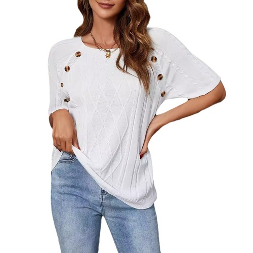 【Clearance】Summer Casual Crew Neck Button Simple Solid Color Short Sleeve Knit Hooded Top for Women