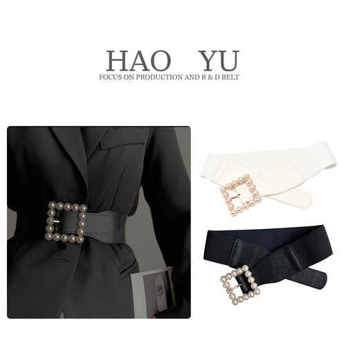 Autumn and winter new wide belt women's belt pearl buckle inlaid black retro girdle fashionable decorative suit
