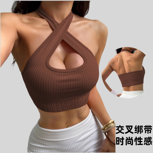 European and American hanging neck backless yoga vest yoga clothes fitness top sports running sexy gathered cross-shoulder vest