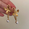 Fashionable golden retro pendant from pearl, earrings, flowered, French retro style, light luxury style