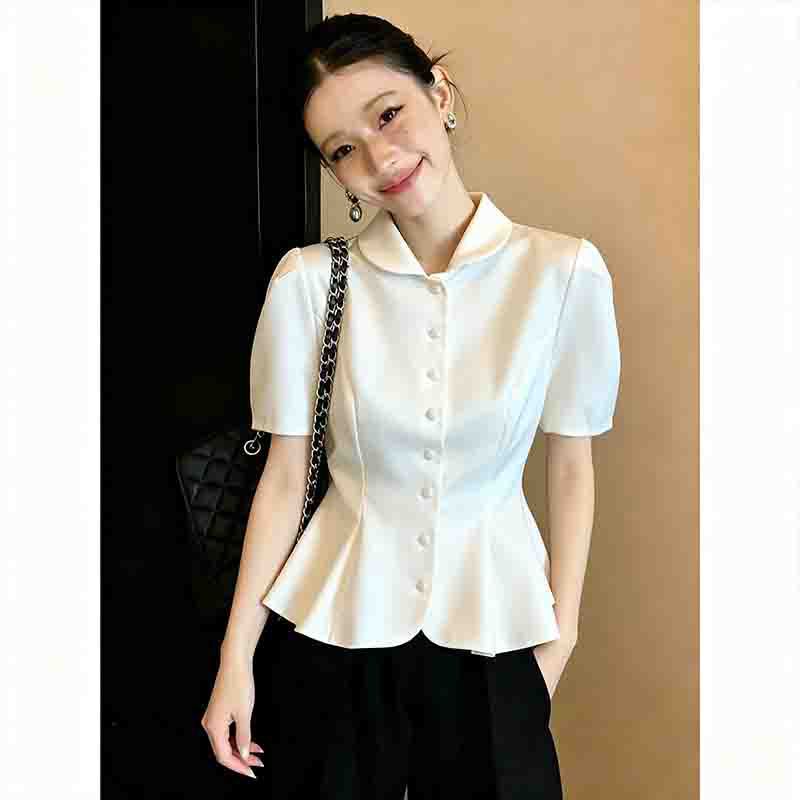 Old Money Style Pearlescent Satin Doll Collar Short Sleeve Women's 2026 Summer New French High-End Elegant Waist-Cinching Top