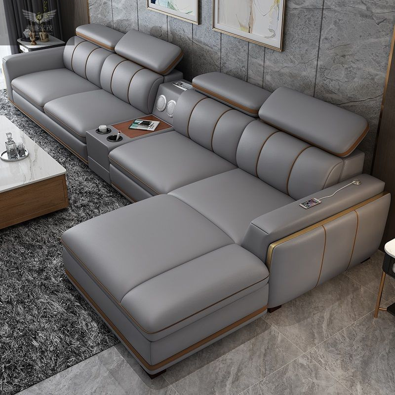 Sofá de cuero de piel de vaca de primera capa de lujo ligero italiano sala de estar apartamento grande y pequeño en línea recta combinación de chaise sofá de cuero para el hogar