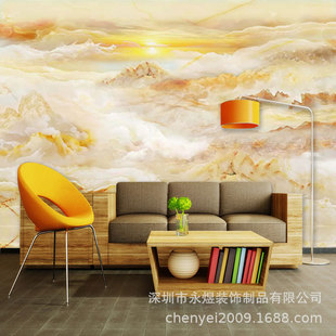 Customized Golden Yellow Tv Background Wall Wallpaper Living Room Chinese Marble Pattern Landscape Painting Modern Film and Television Wall Mural