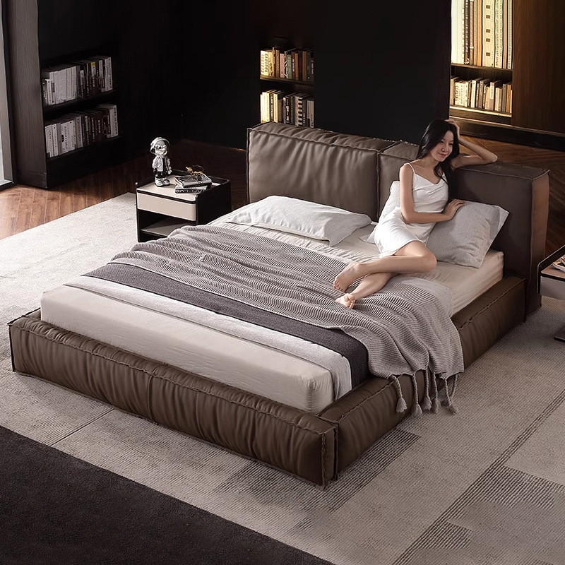 Tofu Block Genuine Leather Bed, Italian Minimalist Style, High-End First-Layer Cowhide, Double Bed for Master Bedroom, Suitable for Large and Small Apartments, Trendy Floor-Standing Leather Bed Tofu Block Genuine Leather Bed, Italian Minimalist Style, High-End First-Layer Cowhide, Double Bed for Master Bedroom, Suitable for Large and Small Apartments, Trendy Floor-Standing Leather Bed