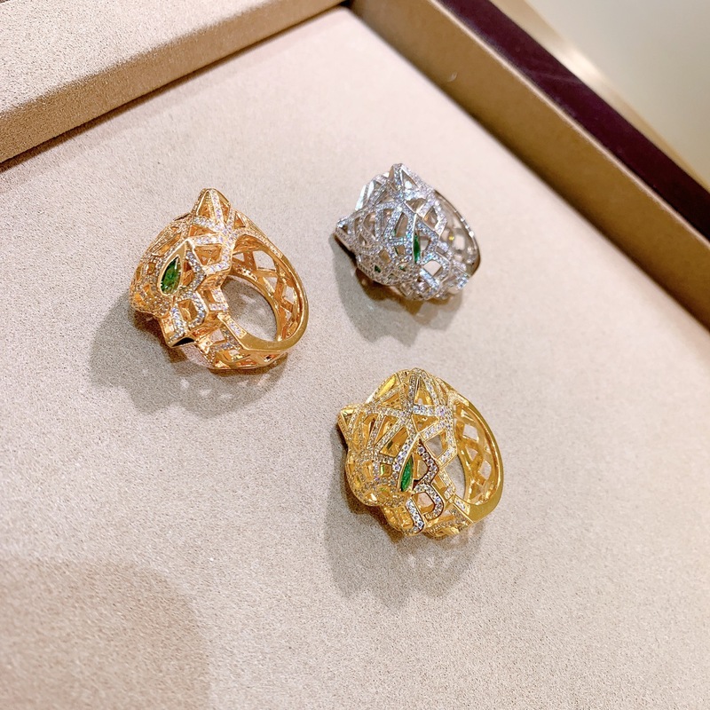 Kajiaの新しいクロスボーダー18Kメッキリング、ヨーロッパとアメリカンスタイルの空のヒョウヘッド象嵌ジルコニウムリング、軽い高級感とハイエンドのハンドジュエリー|undefined