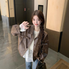 美式美拉德复古蝴蝶结皮衣外套女秋季美式辣妹休闲宽松夹克上衣