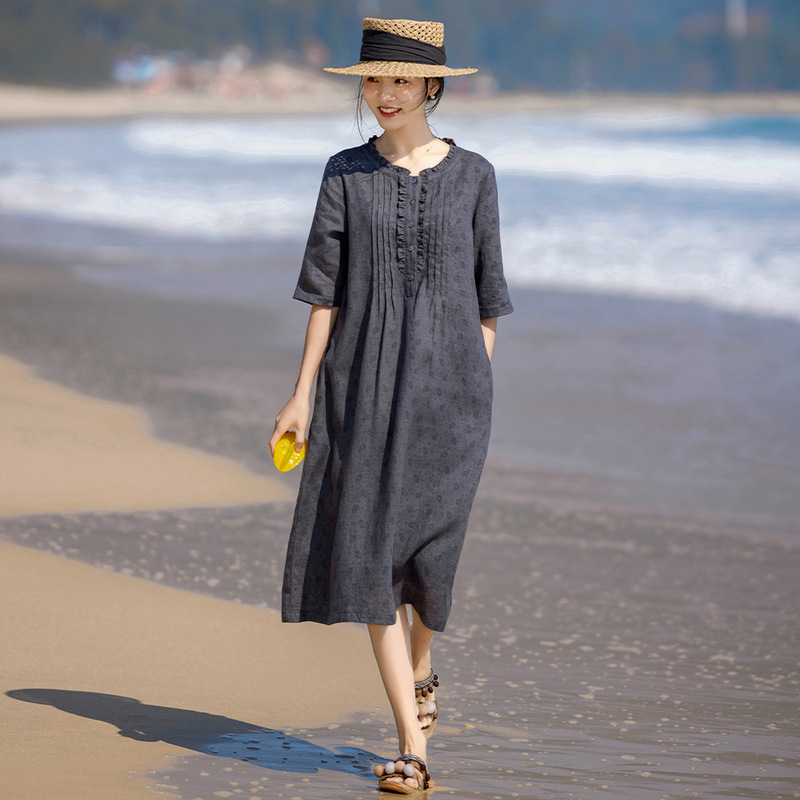 Linen floral dress vintage lace round neck organ pleated half sleeve printed A- line skirt 24 spring and summer original new Linen floral dress vintage lace round neck organ pleated half sleeve printed A- line skirt 24 spring and summer original new