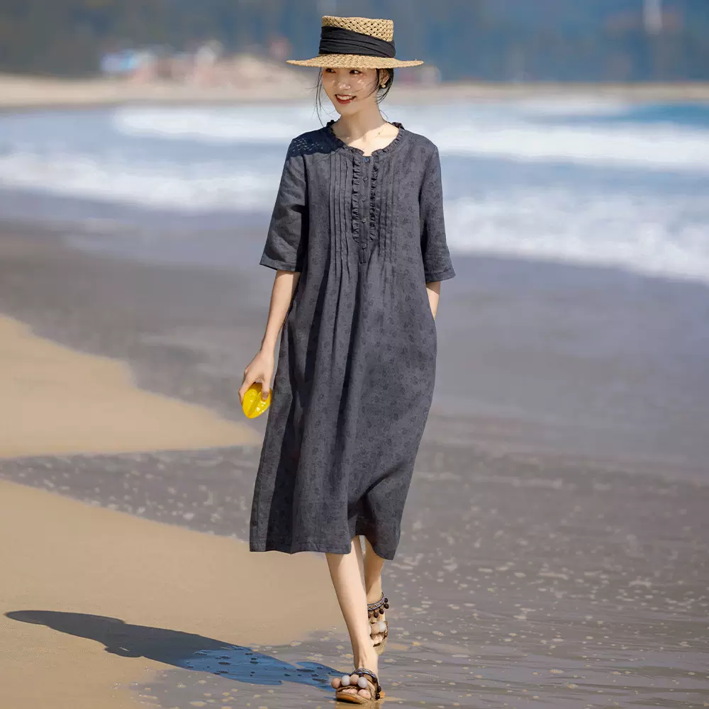 亚麻碎花连衣裙复古花边圆领风琴褶中袖印花A字裙 24春夏原创新款