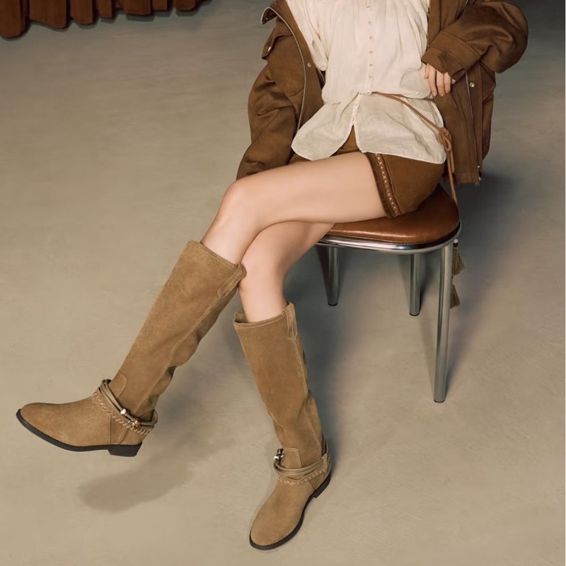 牛皮版~大幂幂同款不过靴长筒靴女2025秋冬新款西部卡其长筒靴女|undefined