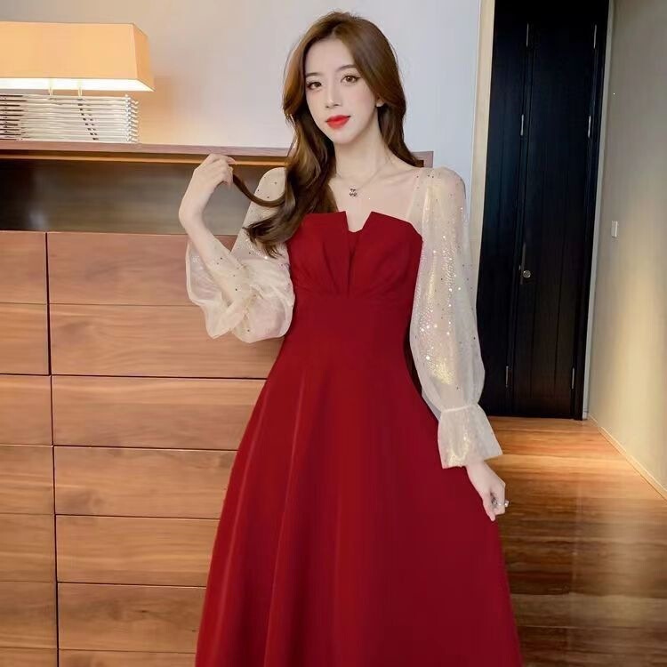 French-style red dress for women 2026 spring and autumn wedding toast dress bride engagement dress homecoming casual dress