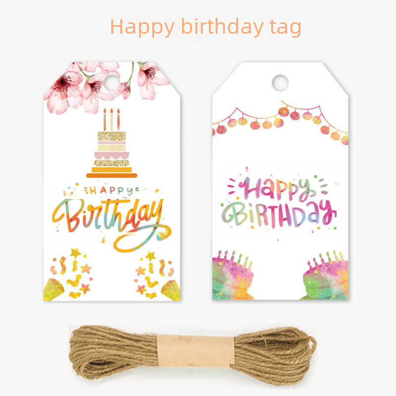 50張/包生日快樂標籤帶10m麻繩彩印謝謝標籤吊牌禮品包裝裝飾