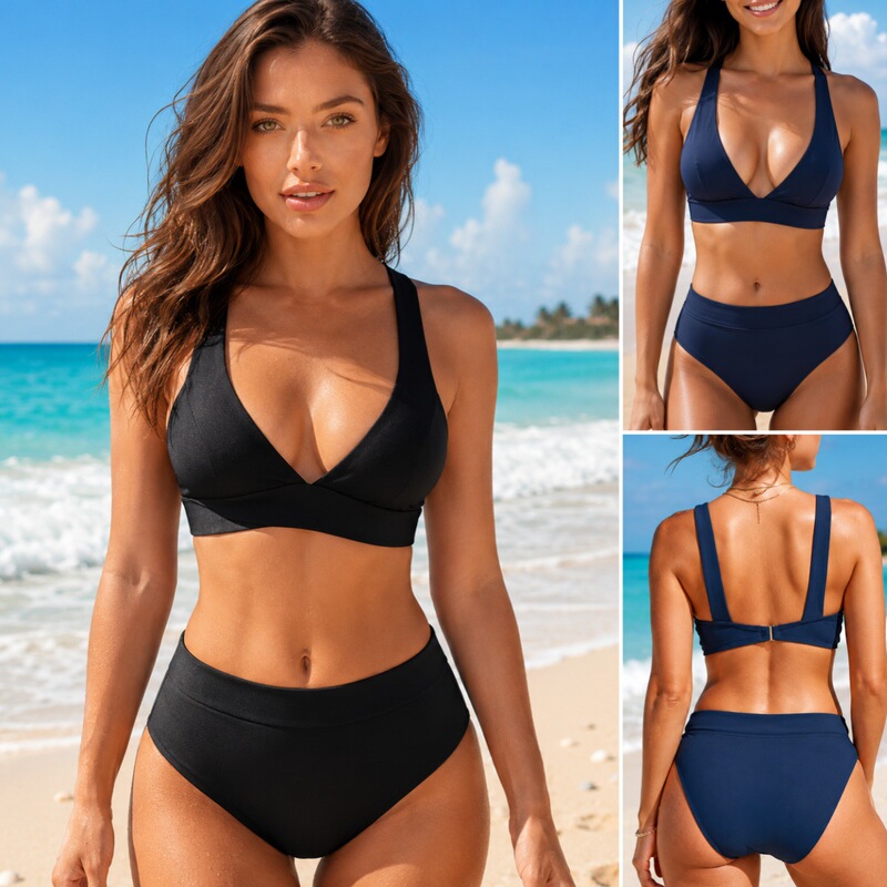Plus-Size Women's High-Waisted Bikini with Wide Shoulder Straps, Deep V-Neck, Gathered Back, and Two-Piece Set with Back Clasp, European and American Style Swimwear Plus-Size Women's High-Waisted Bikini with Wide Shoulder Straps, Deep V-Neck, Gathered Back, and Two-Piece Set with Back Clasp, European and American Style Swimwear