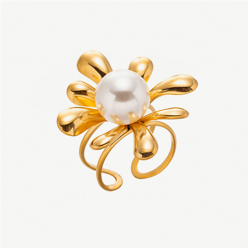 Tina transfronteriza anillo de viento de flores de perlas de acero inoxidable chapado en oro 18k joyas de acero de titanio al por mayor