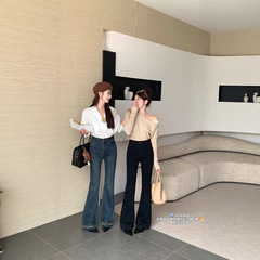 5869秋季新款高弹水洗软牛仔女毛边设计修身百搭气质显瘦喇叭裤