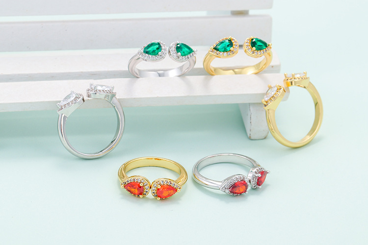 Copper Material Geometric Pattern Fashion Micro-studded Drop-shaped Colorful Zircon Open Ring
