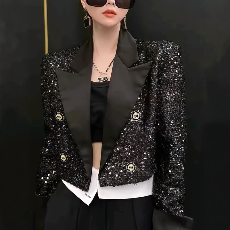 Cross-Border Foreign Trade Short-Style Chanel-Inspired Sequined Cardigan with Long Sleeves, Women's Jacket, European and American Fashion Trendy Top