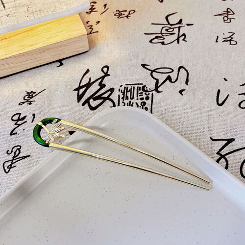 New Chinese Style Ancient Style Bamboo Leaf Hair Pin, Yang Mi Style Green U-shaped Hairpin, National Trend High-end Sense of Style Hair Pin Head Accessory