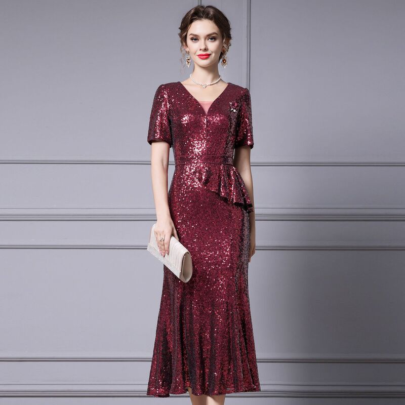 Zhili Plus-Size Slimming Dress Summer 2026 New Model for Formal Occasions Shiny Sequin Long Mermaid Dress