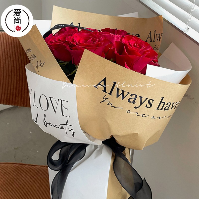 新款鲜花花束包装烫金牛皮纸防水韩素纸花艺礼品包花纸花店材料