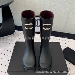 高版本直播无缝版红里雨靴2025年时装轻奢款印花大底中筒骑士雨鞋