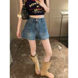 实拍 高腰波点牛仔短裤女夏季侧开叉百搭显瘦A字阔腿热裤潮12317