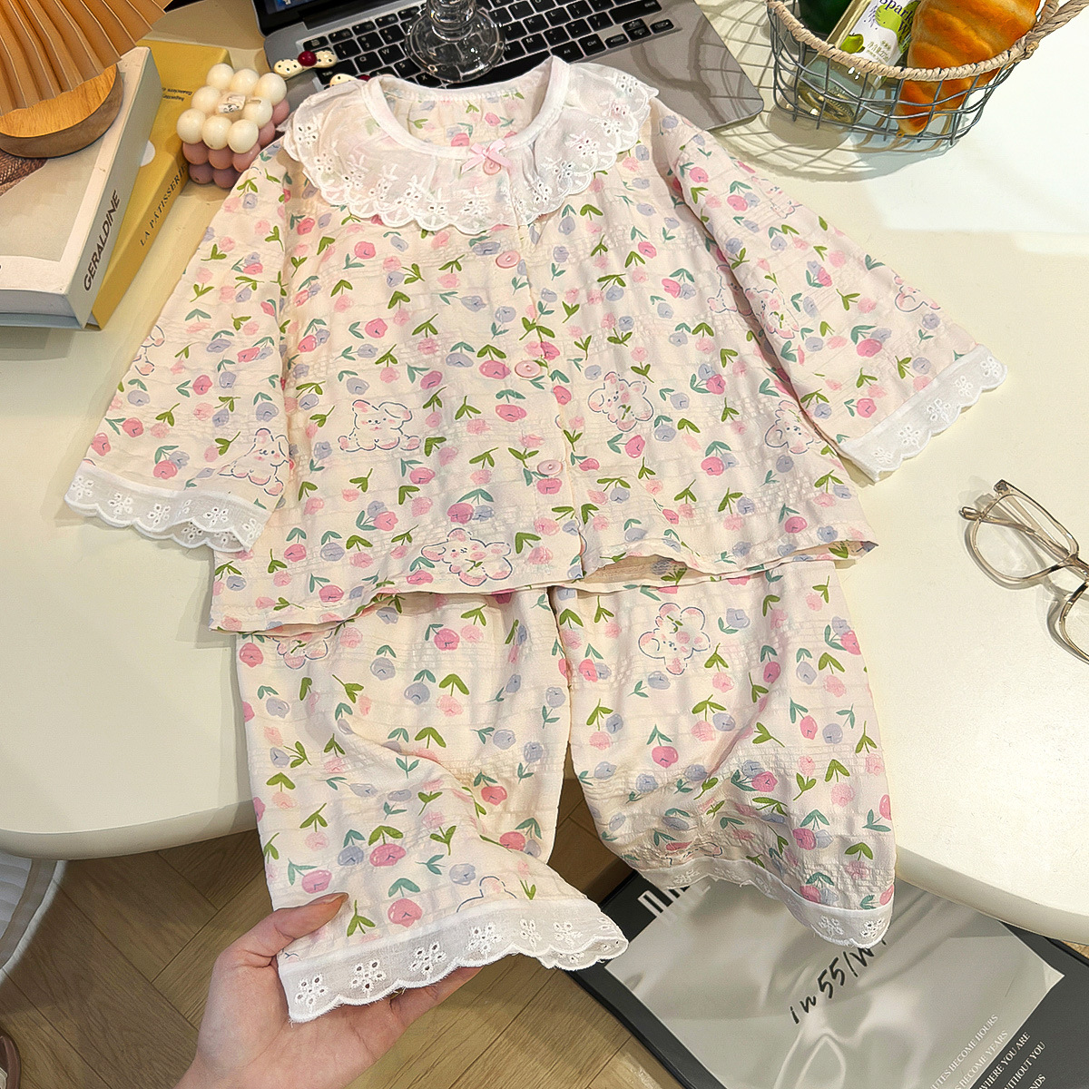 2026 nuevo conjunto de ropa de algodón para niños nubes niñas pijamas de dibujos animados delgados ropa de aire acondicionado transpirable