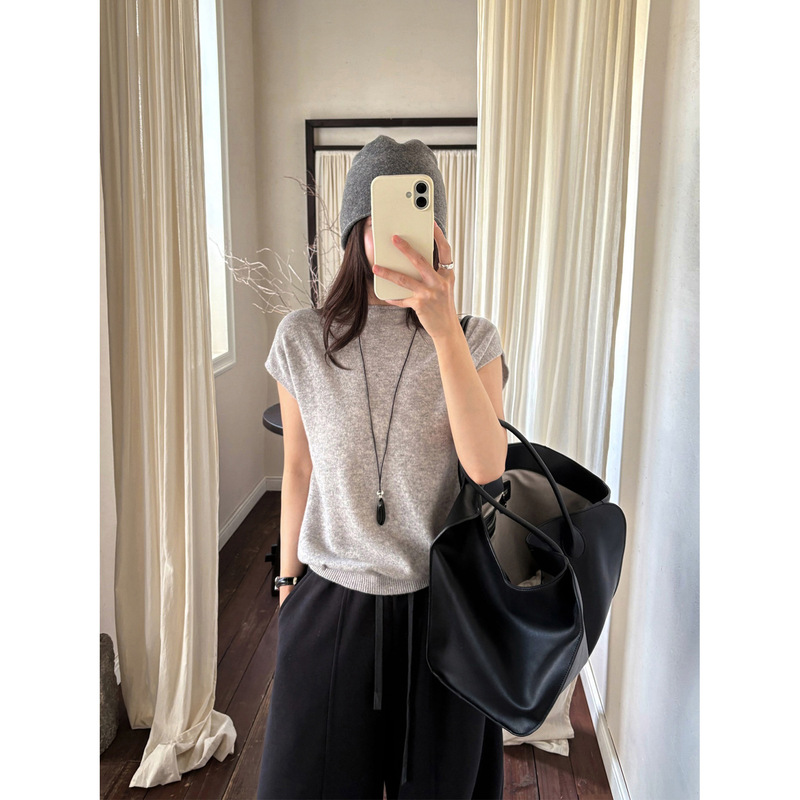 Han Xun Women's 100% Wool Half-Turtleneck Knit Top with Shoulder Cover Sleeves, 2026 Autumn Smart and Relaxed Layering Vest 27552