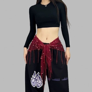 SUANS hip-hop waist chain hip towel jazz dance accessories triangle towel sequins tassel belt fart curtain waist towel