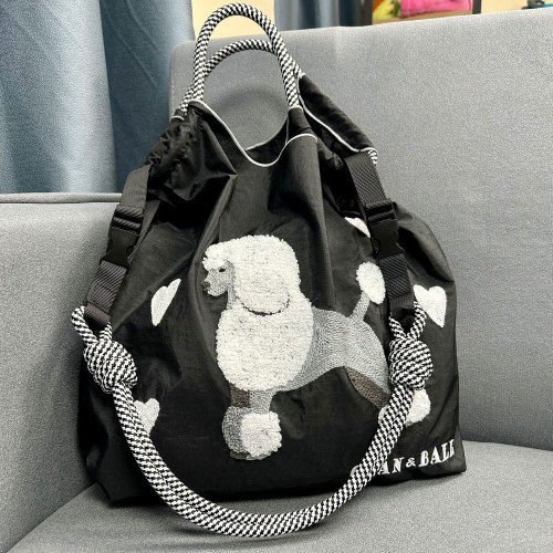 Poodle embroidered shopping bag cute large capacity storage nylon eco-friendly bag shoulder crossbody bag for women