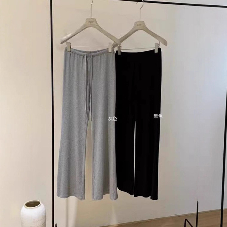 Autumn Korean-Style Solid Color Casual Elastic Waist Drawstring Flared Pants for Women, Elegant and Simple High-Waisted Slimming Long Pants