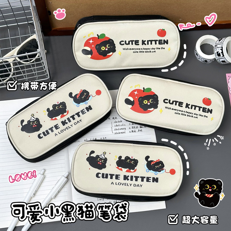 黒子猫キャンバス鉛筆バッグインスタイル大容量筆箱小中学生シンプル筆箱文具箱|undefined