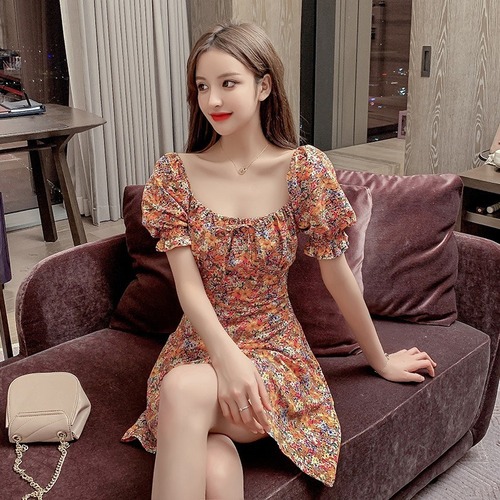 2022 Fashionable Plus Size Dress for Women Summer New French Retro Square Neck Belly Covering Slim Puff Short Sleeve Floral Skirt