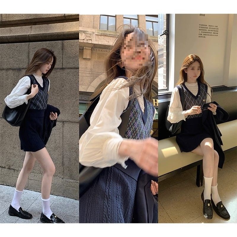 大码英伦学院风套装女领菱格马甲+白色衬衫+高腰半身裙三件套女