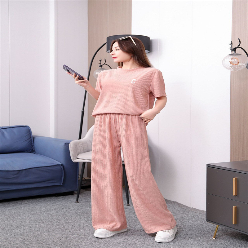 クロスボーダー千葉スーツレディース春夏レター刺繍薄手ホーム服スーツカジュアルルーズパンツ2点セット|undefined