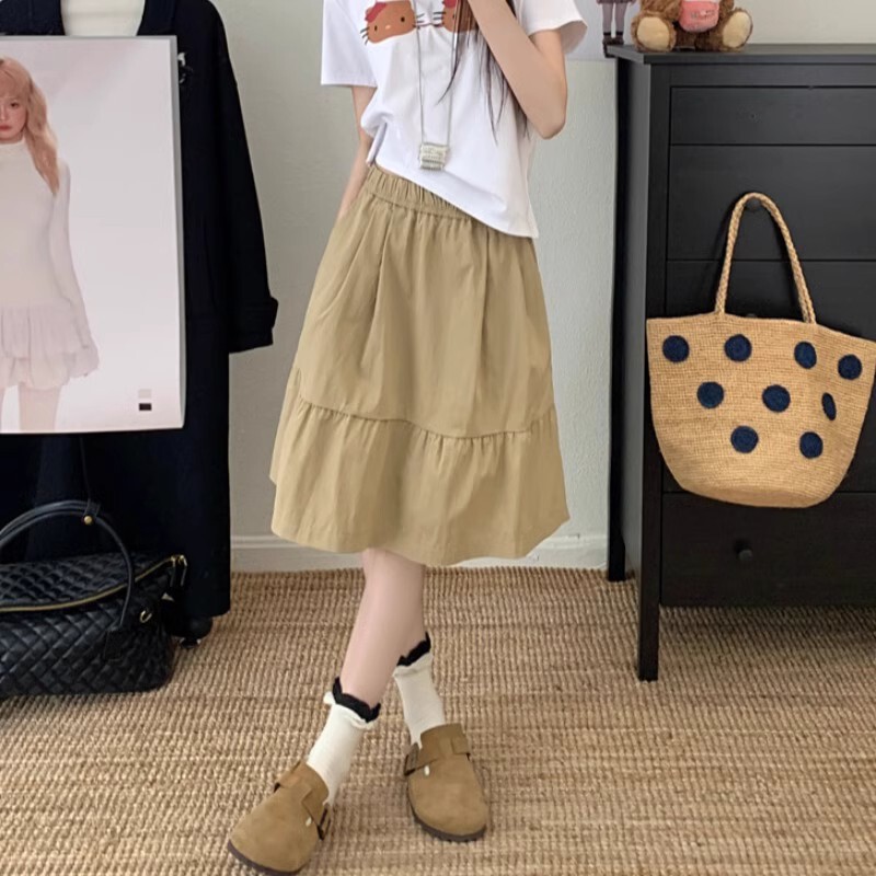 Vintage khaki Miu Style Mid-Skirt Women's Summer Lazy All-Match Loose Slimming Puffy Skirt A- Line Umbrella Skirt