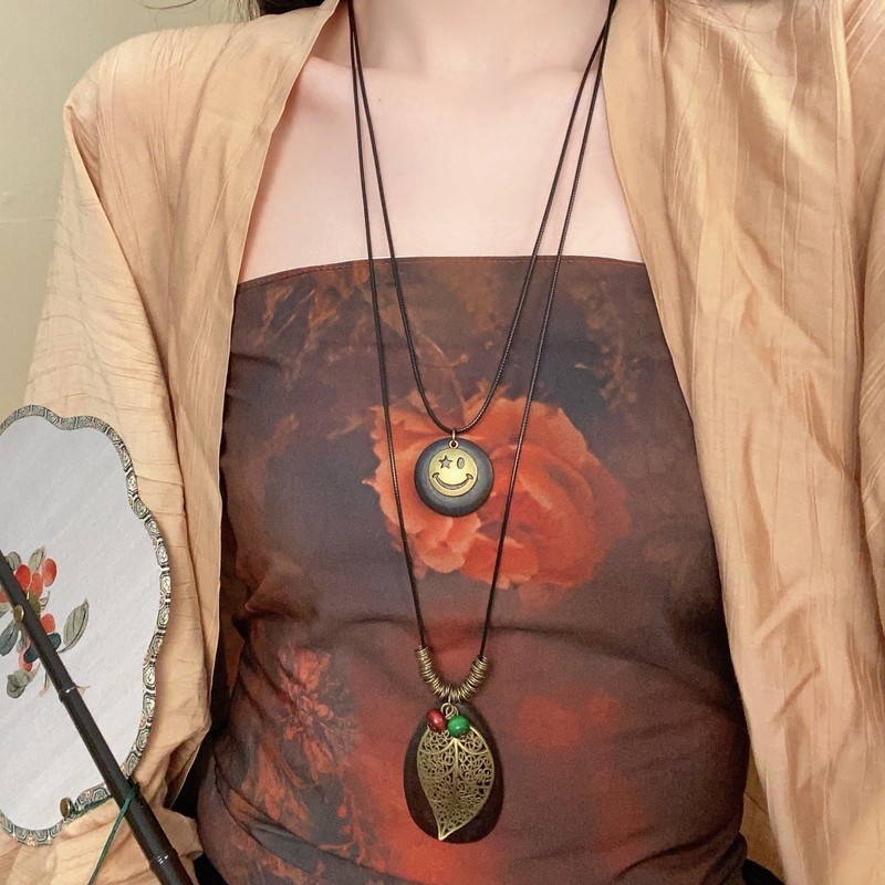 新中式叠戴吊坠项链女藏式民族风复古锁骨链小众古风百搭毛衣链潮|undefined