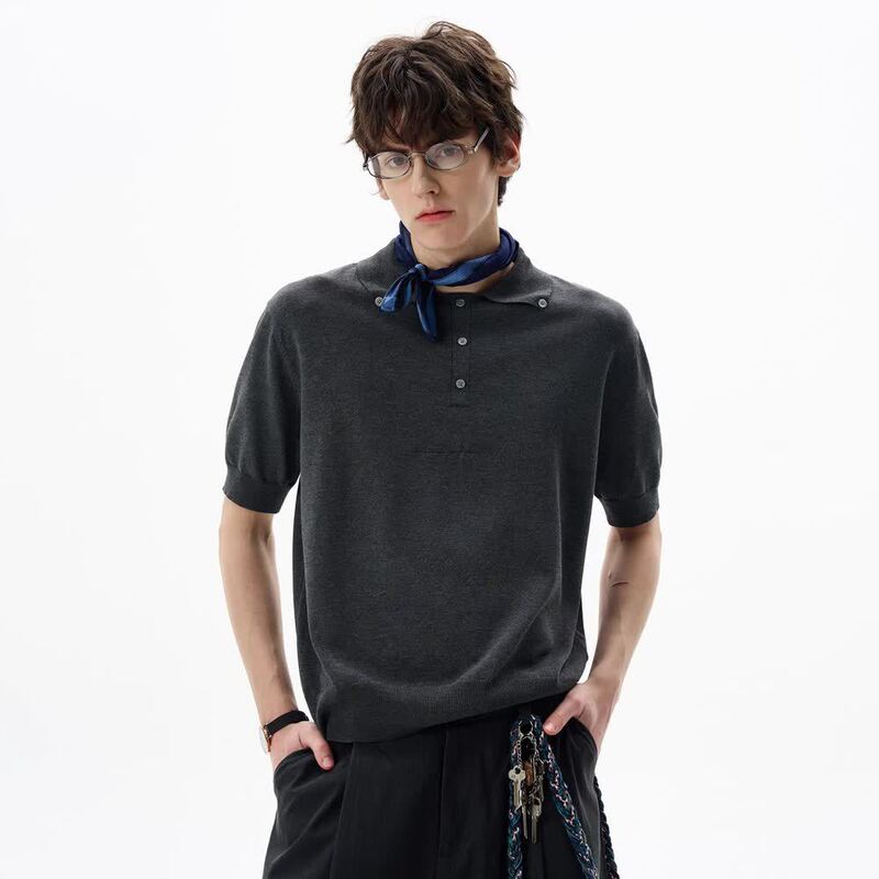 Retro Simple Polo Collar Cool Knitted Short-Sleeved T-Shirt for Men and Women Loose Casual Trendy Versatile Couple Tops Ins Retro Simple Polo Collar Cool Knitted Short-Sleeved T-Shirt for Men and Women Loose Casual Trendy Versatile Couple Tops Ins