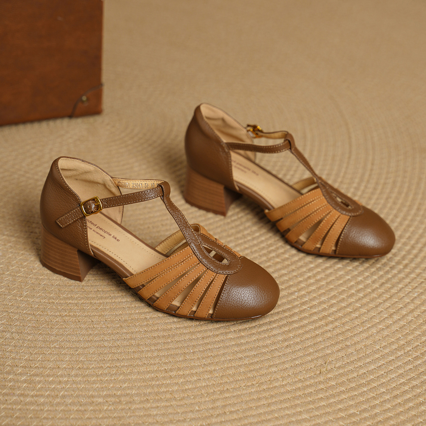 Sandal nữ da cừu bện quai chữ T mũi kín gót 4 cm — đen chi tiết 14