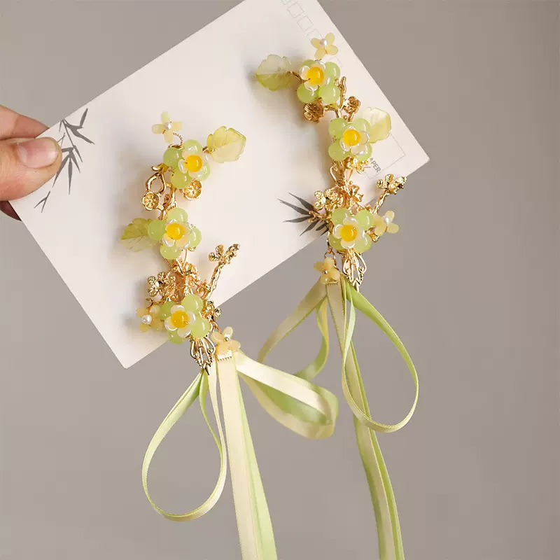 古风仙气绿色长飘带甜美早春仙气头饰古装汉服日常琉璃花朵发饰