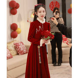 敬酒服新娘中式旗袍2023冬季厚款红色结婚订婚回门便装礼服女
