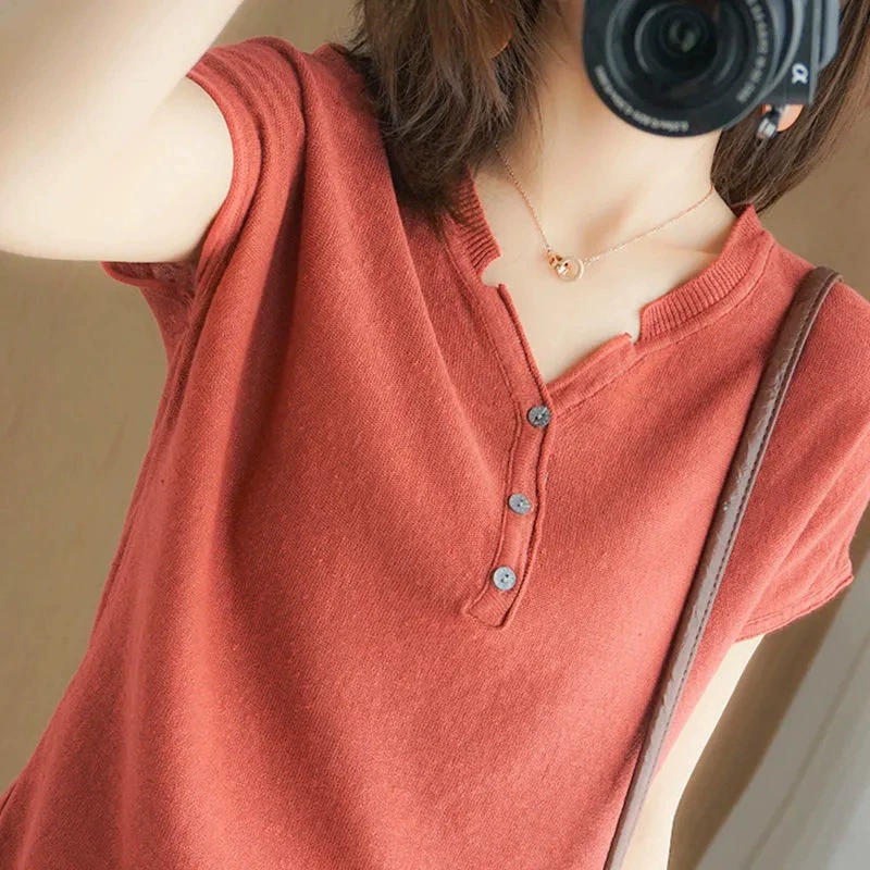 Высококачественная дышащая Трикотажная футболка из чистого хлопка с короткими рукавами, женская тонкая трикотажная рубашка свободного кроя с V-образным вырезом, лето 2022, Женский Топ