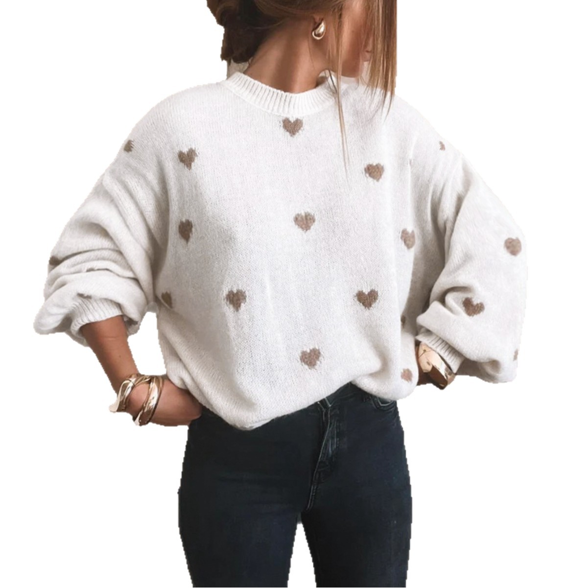 Cozy Knit Sweater For Women With Heart Pattern - Winter Warm Oversized Pullover Casual Tops, White/Red/Grey/Black, S-XXL_voghion.com