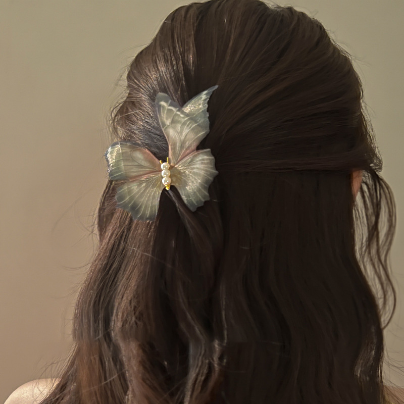 2 Pieces Quantity Sweet Butterfly Cloth Pearl Hair Clip 2 Pieces